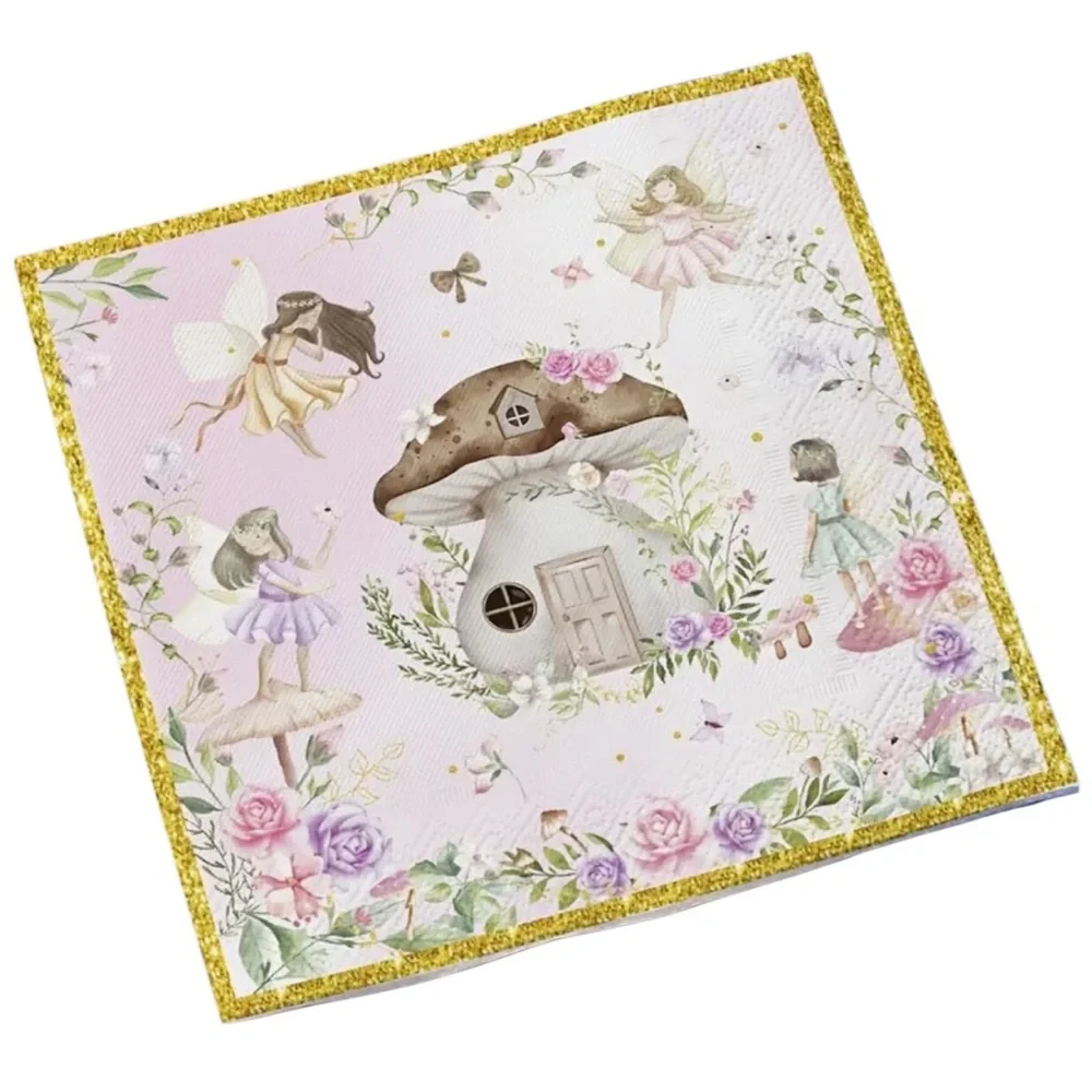 Fairy Garden Mushroom Forest House Paper Napkins with Gold Trim, 20pcs